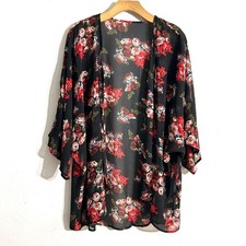 Floral black sheer red roses open kimono duster cover up cottage boho EUC sz XL