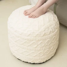 Beige Round Faux Fur Ottoman Pouf - 20x15 Inch Storage Foot Stool Cushion for...