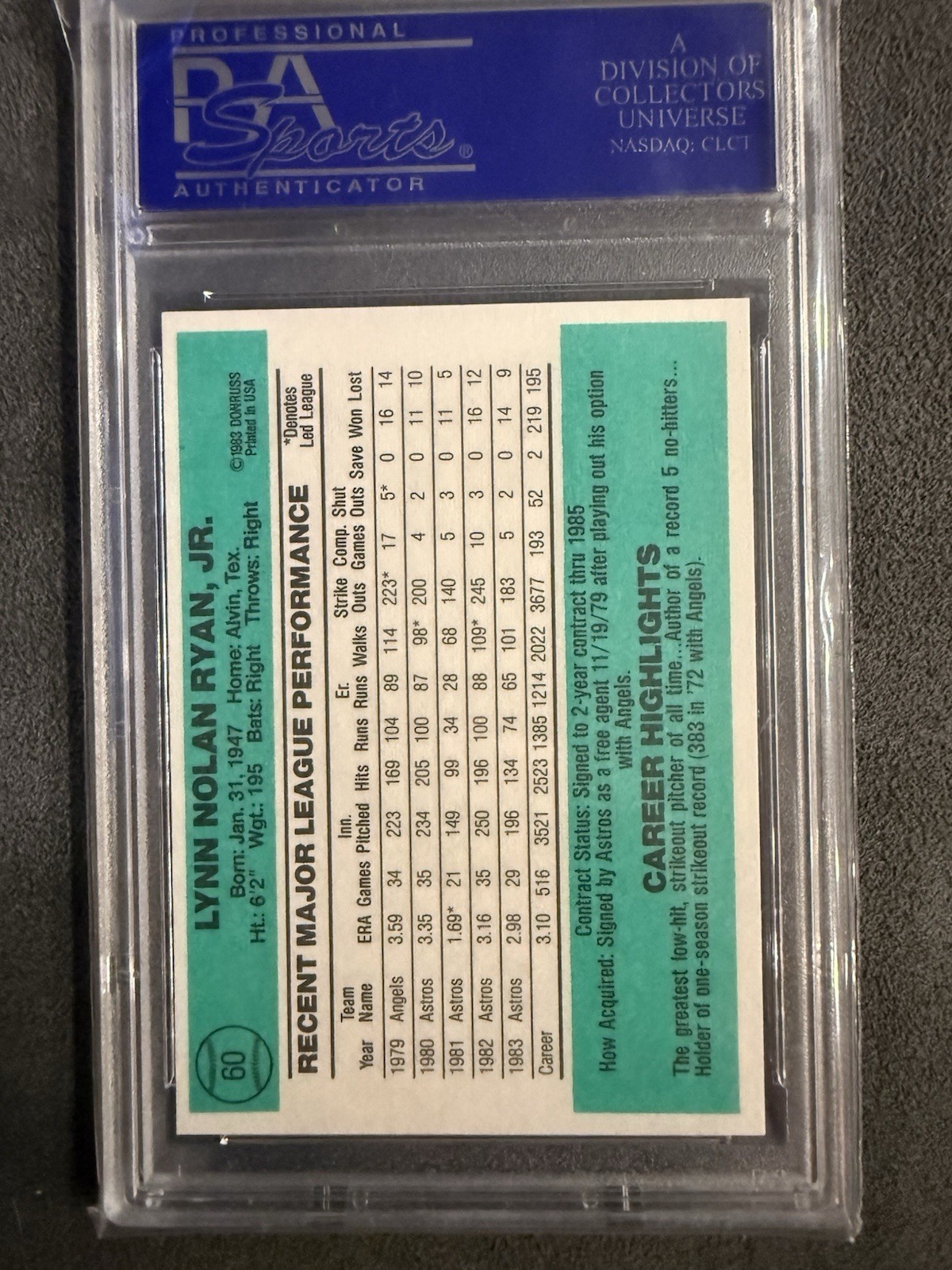 PSA 10 Donruss 1984 Nolan Ryan #60 Baseball Base Set Houston Astros view 2