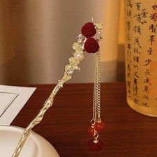 5 Piece Red Flower Tassel Hairpin Chinese Red Headwear for Hanfu Hair Stick