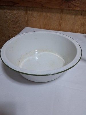 Vintage Enamel Bowl With Green Trim