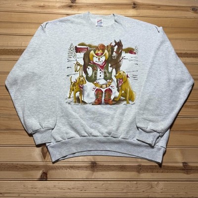 Vintage 90s Cowboy Snowman Graphic Fleece Crewneck Pullover Sweatshirt USA - XL