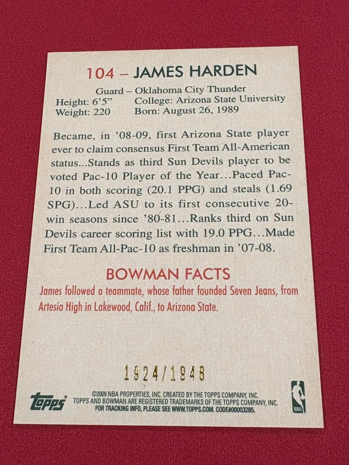 JAMES HARDEN 2009-10 Bowman Blue #104 Thunder Rookie /1948 - Image 2 of 2