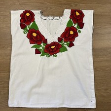 Handmade Mexican Huipil Blouse White Red Floral Embroidery Boho Peasant Top