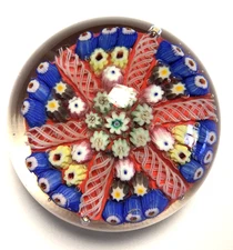 3" Strathearn Millefiori Paperweight 6 Spoke Red Latticino Blue Yellow Floral