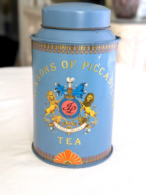 Vintage 1980s Jacksons Of Piccadilly Tea Tin Canister Blue w/Lion Crest-Empty
