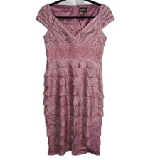 Adrianna Papell Waterfall Ruffle Dress V-Neck Midi Layer Fitted Purple Womens 4