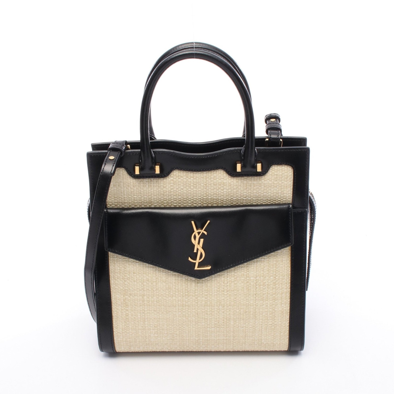 【BORSA】Saint Laurent Uptown Tote Borsa a mano piccola in pelle di rafia beige nera 2 vie