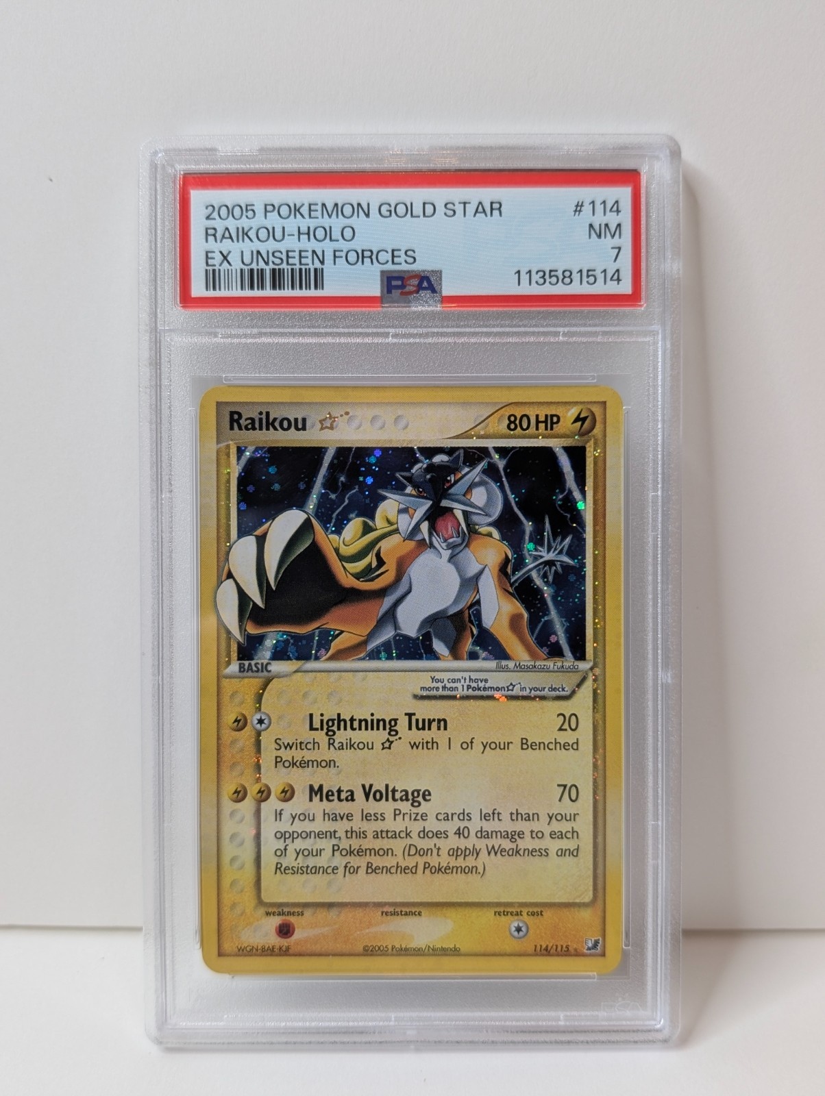 2005 POKEMON EX UNSEEN FORCES GOLD STAR #114 RAIKOU-HOLO PSA 7