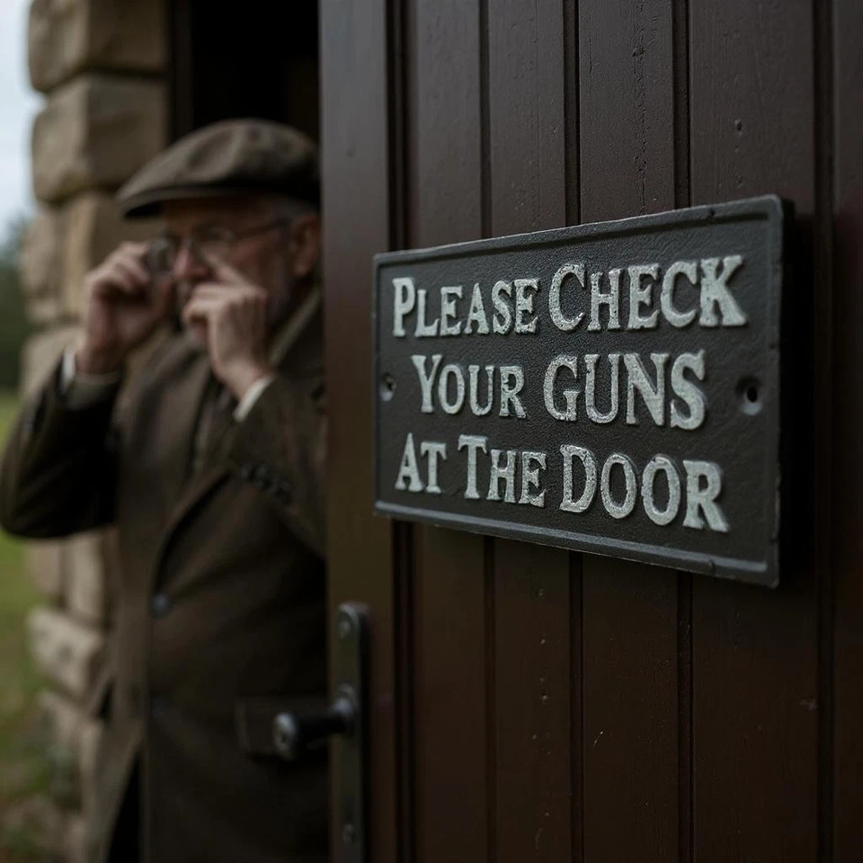 Letrero de hierro fundido por favor revise sus armas en la puerta - decoración de pared de salón rústico Foto 2 de 4