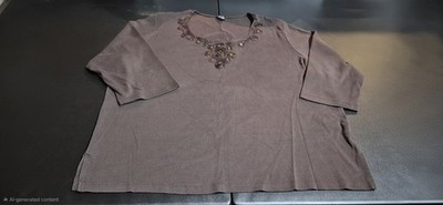  Rafaella Woman 3X Brown 100% Cotton 3/4 Sleeve Top Beaded Embellished Neck