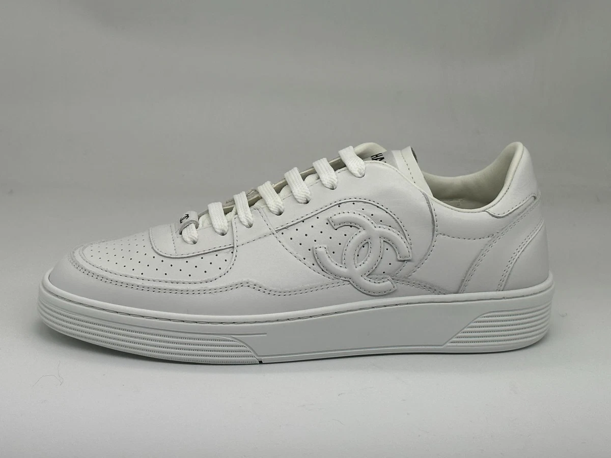 Chanel Shoe Sneaker Tennis White Leather Metallic Black Textile