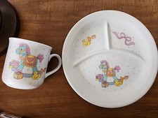 Set Vintage Baby Divided Ceramic Plate Rocking Horse Chick Bow Servingware  Mug