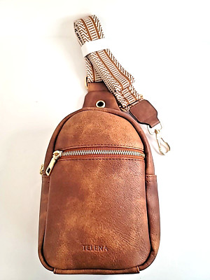 Crossbody Sling Shoulder Bag Caramel Brown with Patterned Guitar Strap
