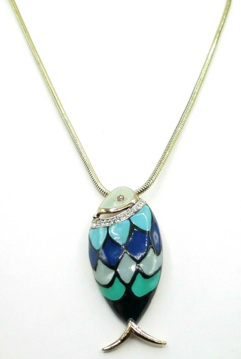 Eisenberg Enamel Rhinestone Blue Fish Pendant Necklace Chain 20