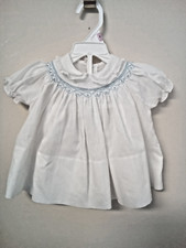 Vintage White Blue Smocked Infant Girl Dress Lace Collar Trim Size 0-3 mos.