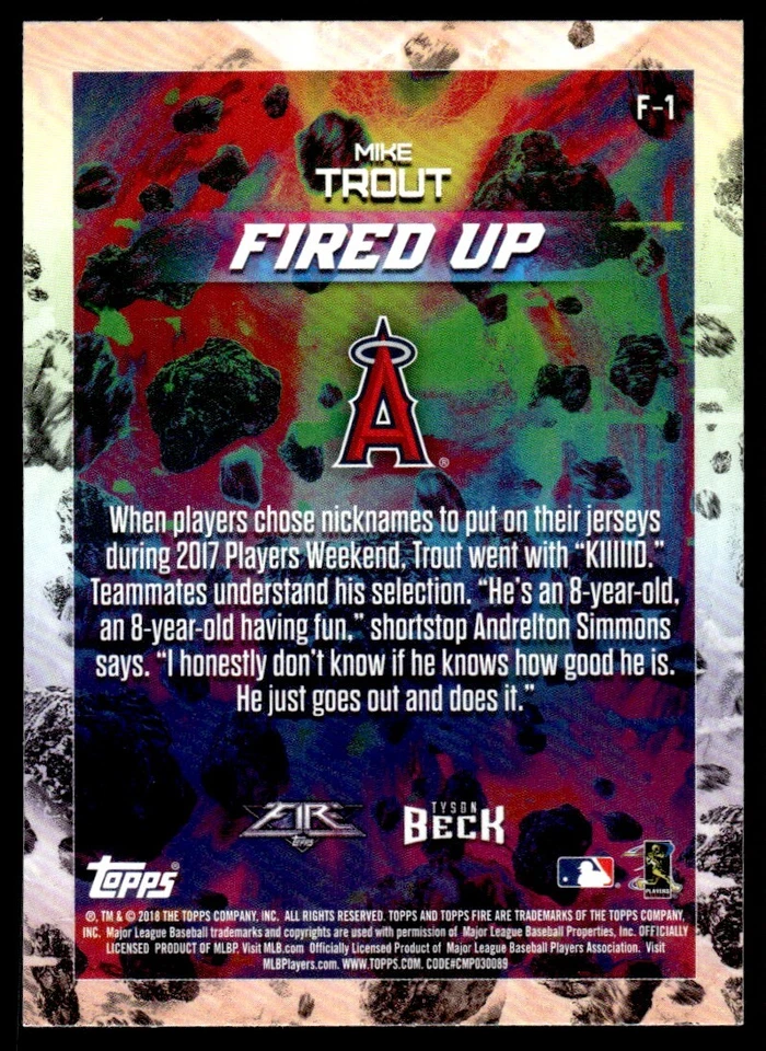 2018 Topps Fire Fired Up Mike Trout Los Angeles Angels #F-1 R39 - Image 2 of 2