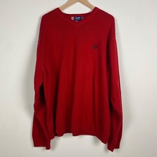 Chaps Mens Red Knit Sweater Size XXL Vneck Embroidered Crest Preppy 100 Cotton