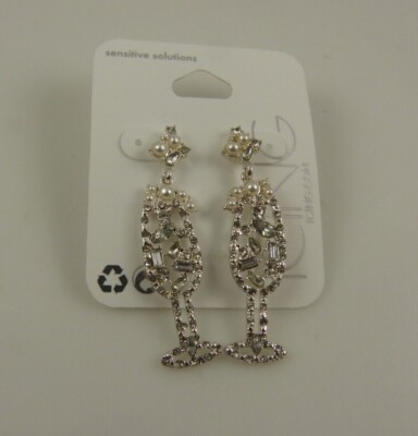dangle Earrings drink champagne crystal stud long Icing silvertone