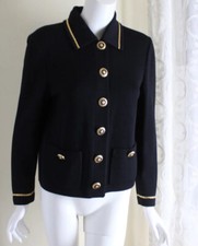 St. John Collection Sz 8 Rich LOGO Black GOLD CHAINLINK Santana Knit Jacket M