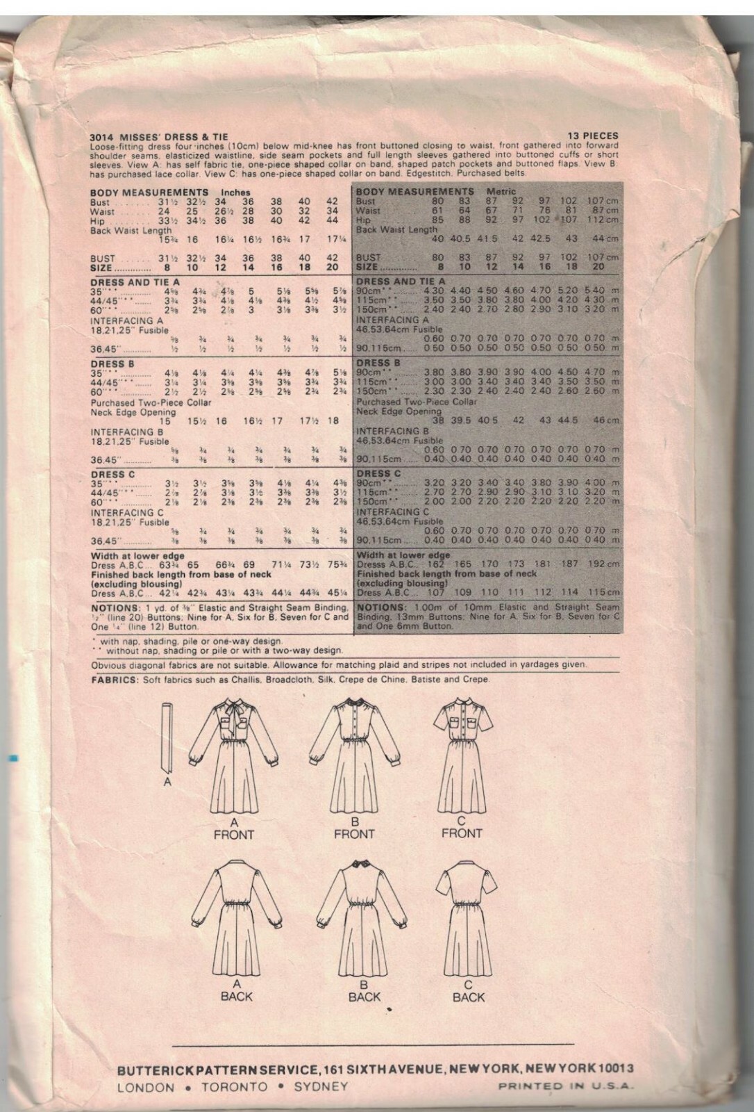 3014 Vintage Butterick SEWING Pattern Misses Loose Fitting Dress Tie ...