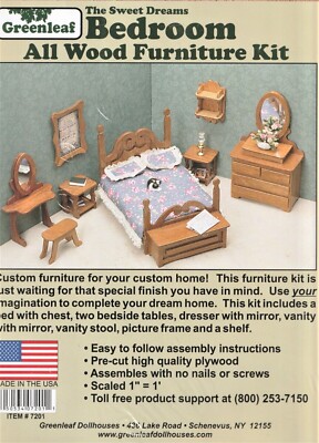 GREENLEAF ALL WOOD DOLL HOUSE FURNITURE KIT BEDROOM #7201, The