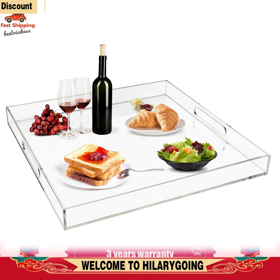 Bandeja de comida de gran tamaño de 18,9 pulgadas transparente extra grande bandeja para servir de acrílico con asas Foto 4 de 4