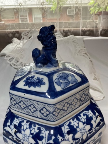 Vintage 15" Chinoiserie sechseckig XL blau und weiß chinesische Tempeltopf Vase Ging FOO - Bild 4 von 10
