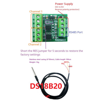 1-2CH RS485 Digital Temperature Collector Module -55 to with 125C DS18B20 Sensor