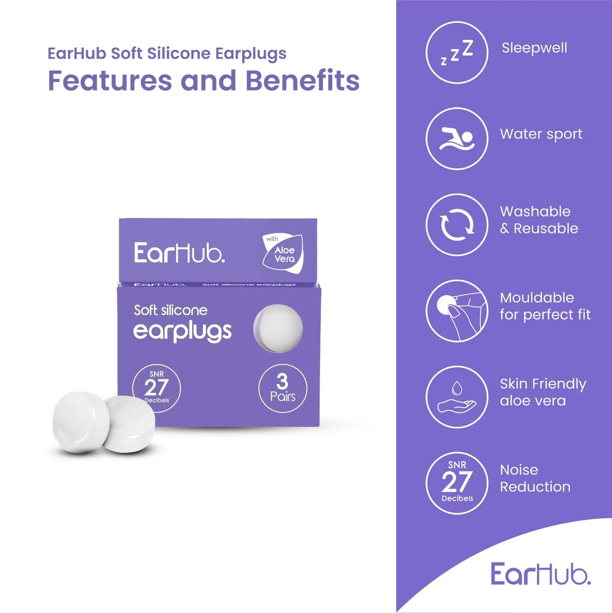 EarHub Tapones para los oídos de silicona suave con aloe vera, tapones para los oídos moldeables - 9 PARES.