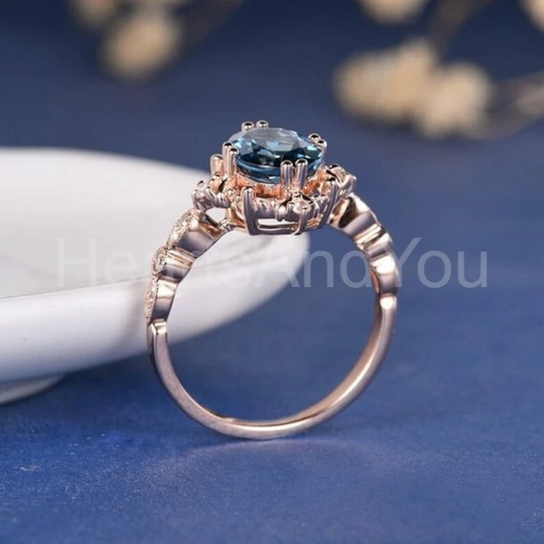 1ct Oval Cut Natural London Blue Topaz & Diamond 100% 14k SOLID Rose Gold Ring - Image 4 of 4