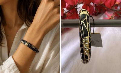 Sequin Brand Black Gold CZ Enamel Floral Cloisonne Bangle Womens Bracelet 7'' NEW