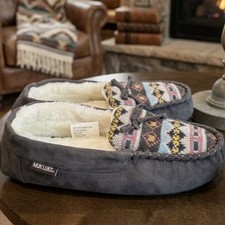 MUK LUKS Jaylah Women's Moccasin Slippers Faux Fur Gray Fair Isle Size 11/12 XL