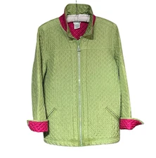 The Quacker Factory 100% Silk Sz L Green Pink Quilted Blazer Jacket Rhinestones