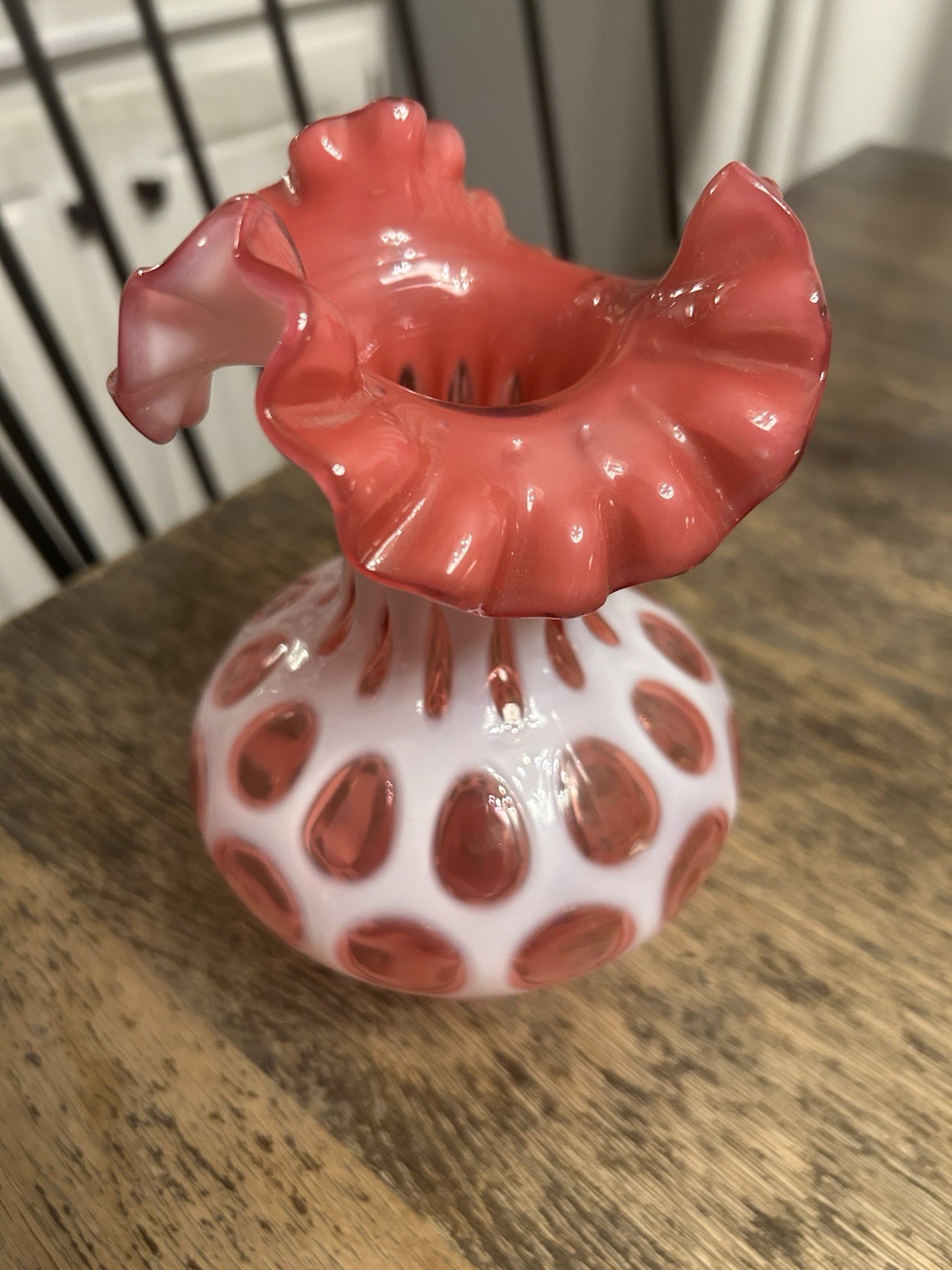 1960S FENTON CRANBERRY OPALESCENT COIN DOT VASE Old Vtg Antique ART GLASS