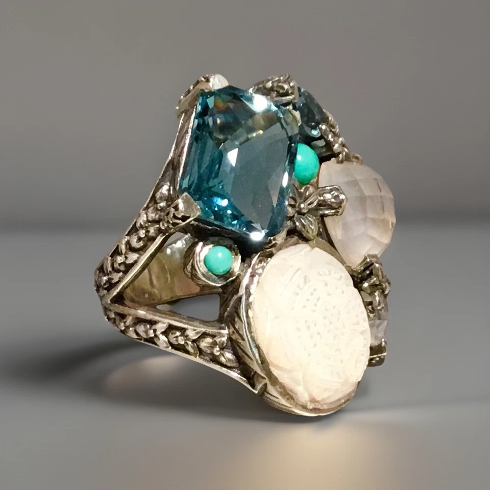 STEPHEN DWECK STERLING SILVER BLUE QUARTZ, MOONSTONE, TURQUOISE RING SIZE 5 - Image 3 of 4