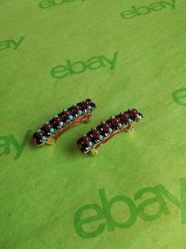 Pair French Hair Clips, Mini Barettes, Turquoise/Glass Beads, 1.5"L, Goldtone #3