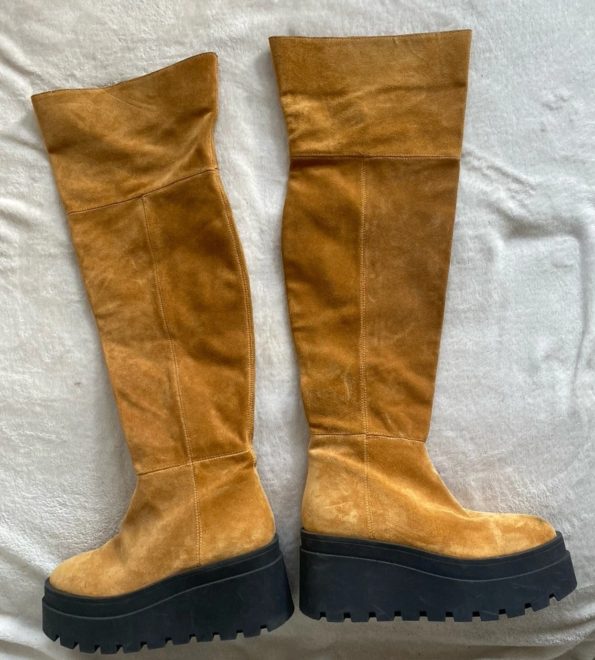 Free People London Calling Cognac Wedge Over The Knee Suede Lug Boots NWOB 8.5 - Image 2 of 4