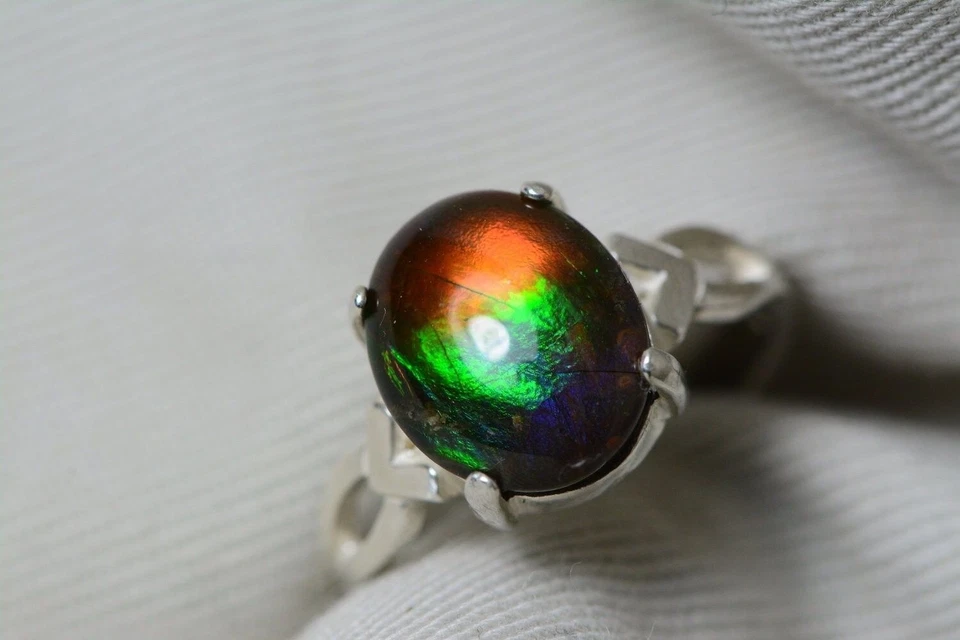 Anillo solitario Ammolite plata de ley 12x10 mm natural real genuino R8 Foto 3 de 4