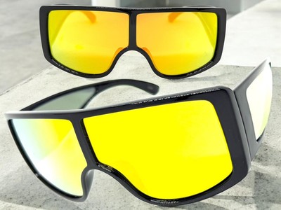 Modern Biker Retro Wrap Blinder Shield Raver DJ SUNGLASSES Black Frame Gold Lens