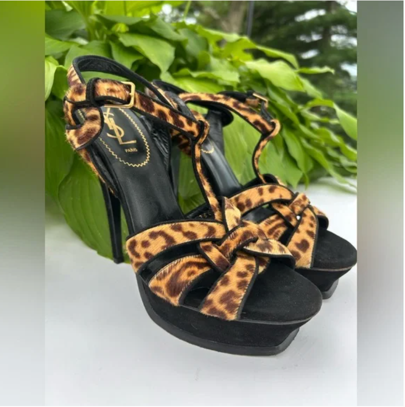 Sandali omaggio Yves Saint Laurent YSL pelo di vitello tacco alto animale 39 US 8 5