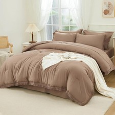 Andency Oversized King Comforter Set with Sheets 128x120 Taupe - 7 Pieces Bed in