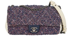 Chanel Tweed Medium Flap Crossbody Shoulder Bag Lambskin Leather Blue Cream