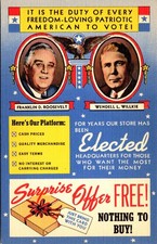 Franklin D. Roosevelt Wendell Willkie Election Patriotic Advertising PC 1940