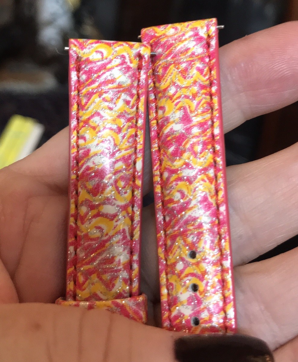 Michele 16mm Pink Floral Metallic Gold Shimmer Leather Watch Strap NWT Unique Genuine Michele 16mm Floral Pink Genuine Leather Watch Band  main image 2
