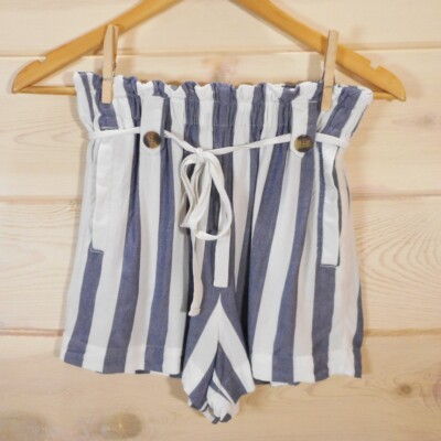 American Eagle Women's S Paperbag Shorts w/ Pockets Blue White Striped Nautical
