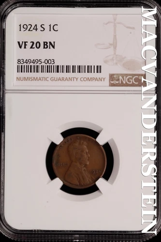 1924-S Lincoln Wheat Cent - NGC VF 20 BN - Scarce  No Reserve  #SLH150