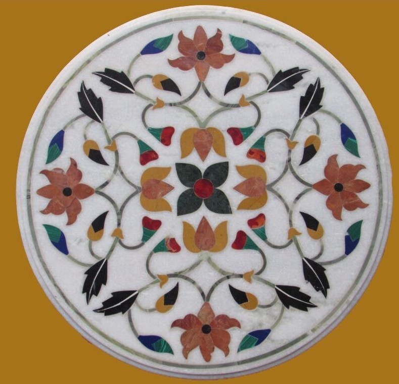 24-Inch Handmade Marble Coffee Table with Pietra Dura Inlay for Elegant Home Decor  
