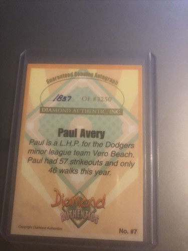 Paul Avery Diamond Authentics On Card Autograph. 1837/3250. Los Angeles Dodgers. - Picture 2 of 2