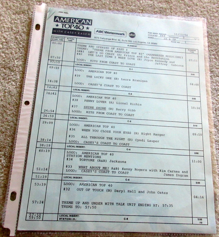 Casey Kasem American Top 40 October 13, 1984 10/13/84 LP Barry Gibb Prince RARE - Image 4 of 4